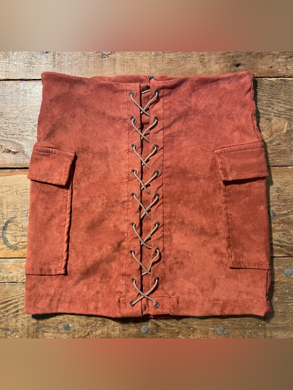 Lace-Up Cargo Mini Skirt in Rust